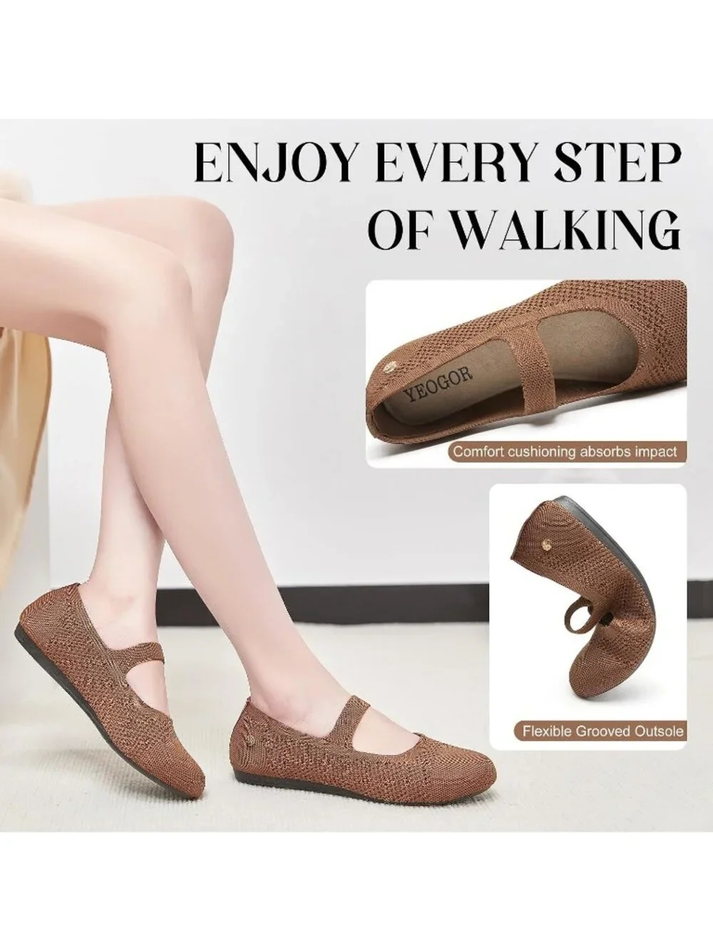 Women's Knit Brown Micro Fiber Comfortable Round Toe Flats Slip on Casual Shoes